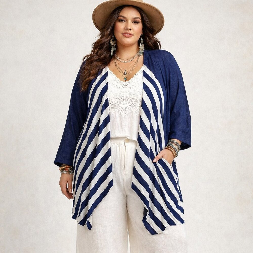 J Jill NWOT Linen Blend Boho Lagenlook Open Front Cardigan Size 3X Blue/White